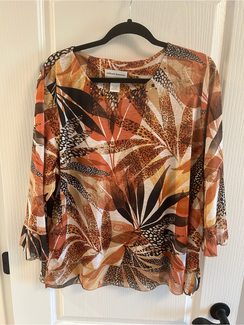 Alfred Dunner Orange and Brown Leaf-Print Blouse